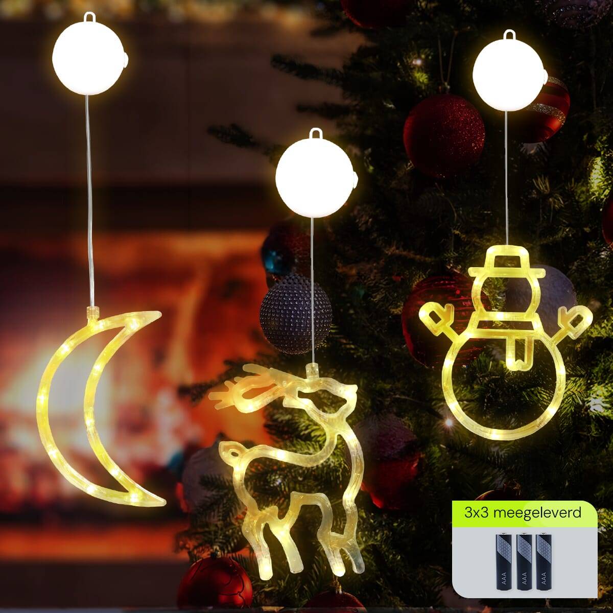 Kerstverlichting Raam Sneeuwpop met Twee Armen + Maan + Rendier - ø18cm - Inclusief Batterijen - Kerstversiering met-1