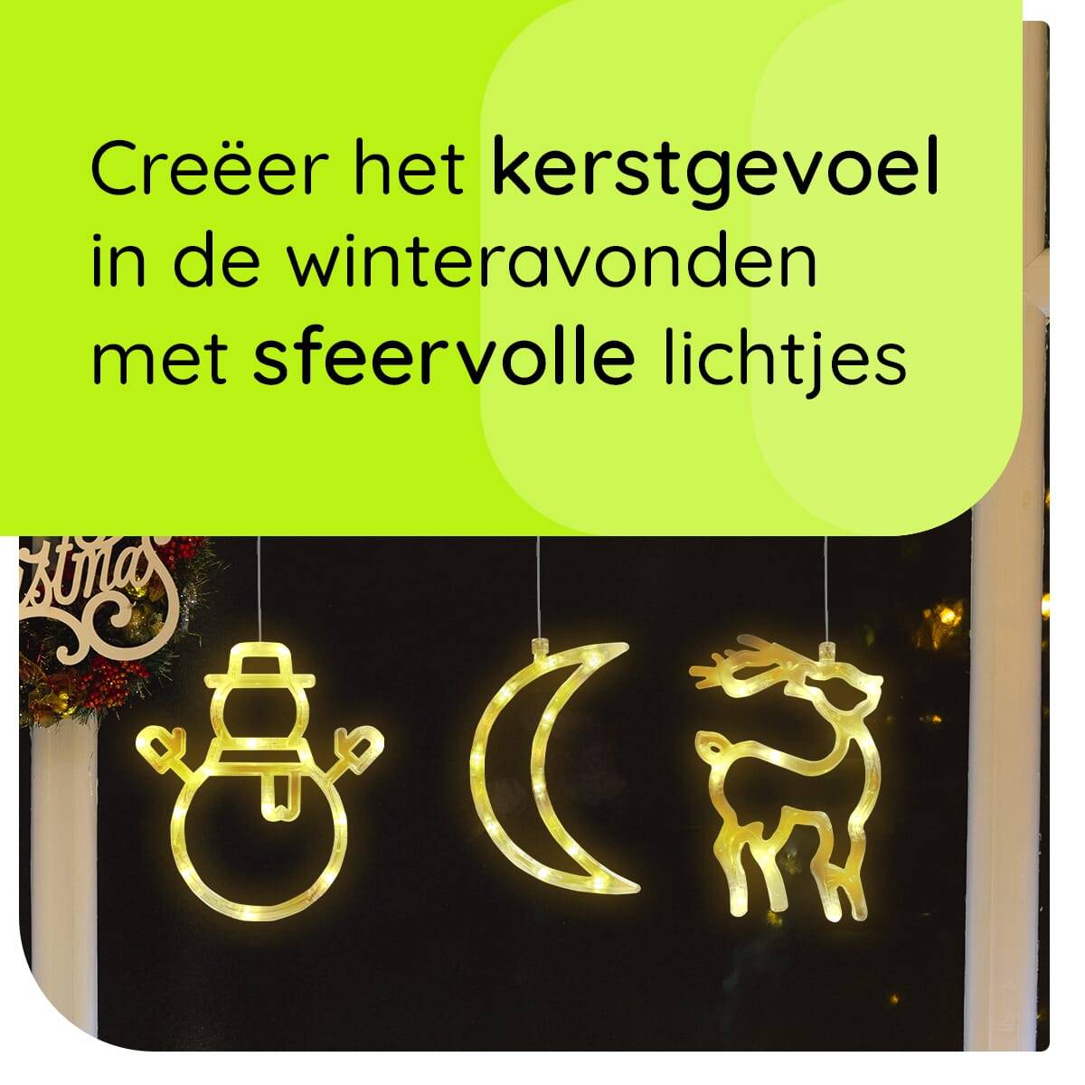 Kerstverlichting Raam Sneeuwpop met Twee Armen + Maan + Rendier - ø18cm - Inclusief Batterijen - Kerstversiering met-2