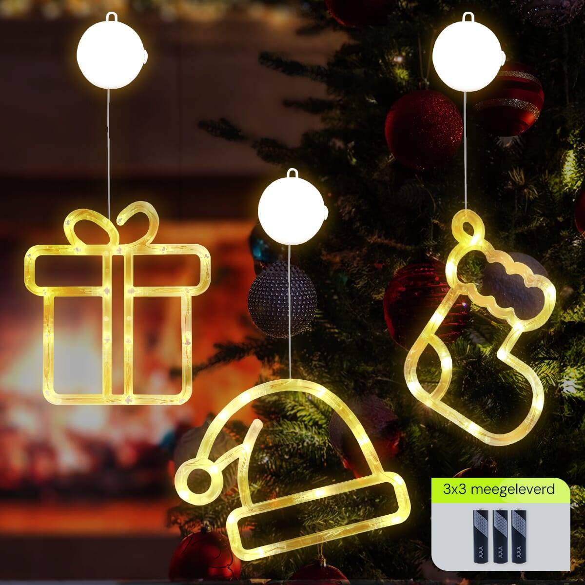 Kerstverlichting Raam Kerstsok + Kerstmuts + Kerstcadeau - ø18cm - Inclusief Batterijen - Kerstversiering met Zuignap-1