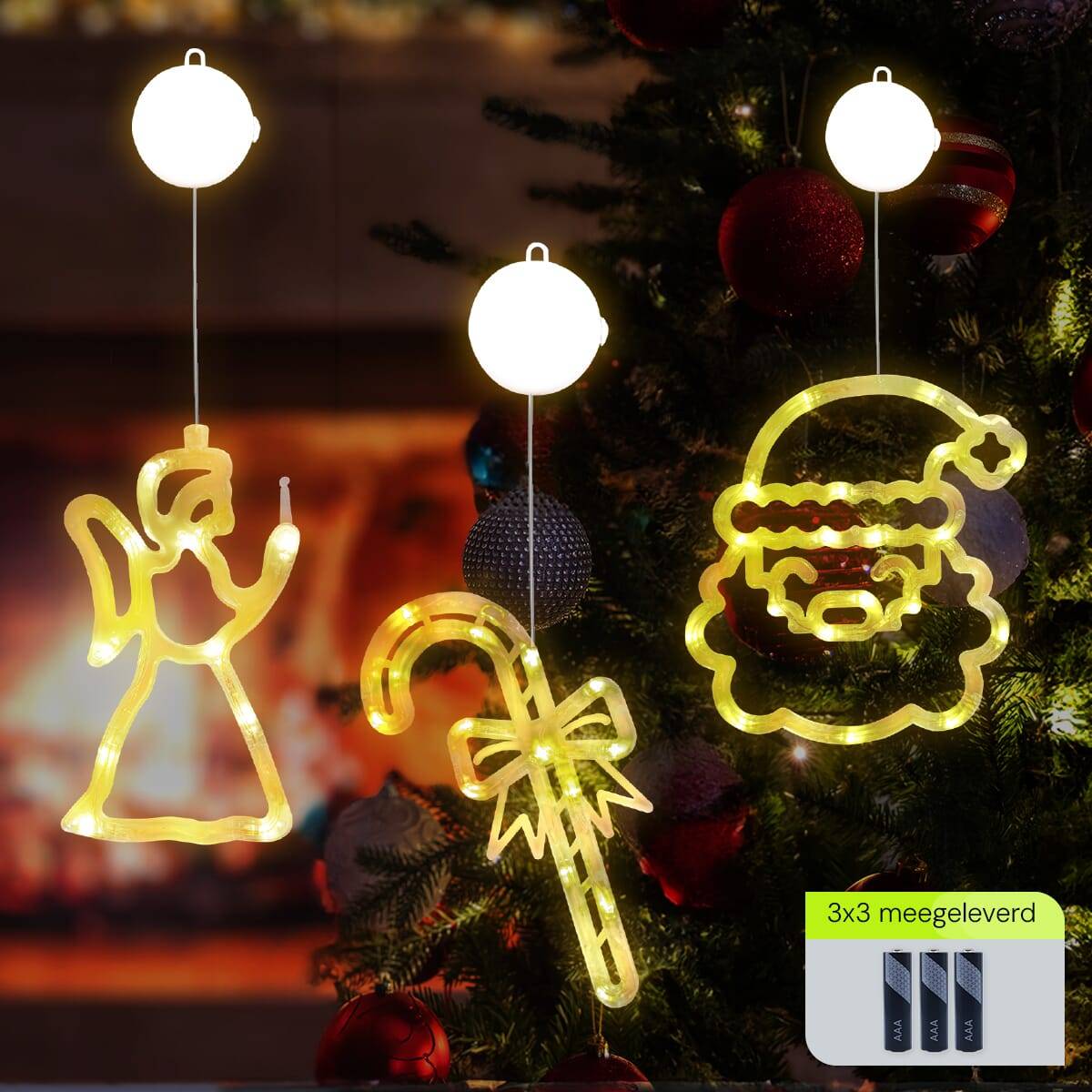 Kerstverlichting Raam Zuurstok + Kerstengel + Kerstman - ø18cm - Inclusief Batterijen - Kerstversiering met Zuignap-1