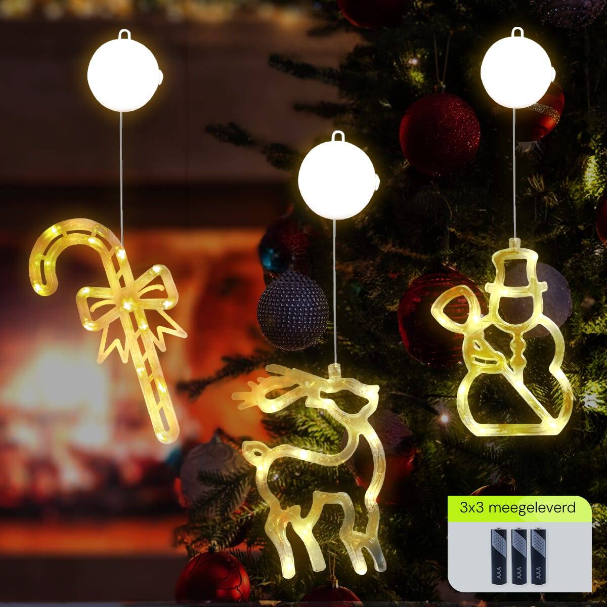 Kerstverlichting Raam Sneeuwpop met Bezem + Rendier + Zuurstok - ø18cm - Inclusief Batterijen - Kerstversiering met-1