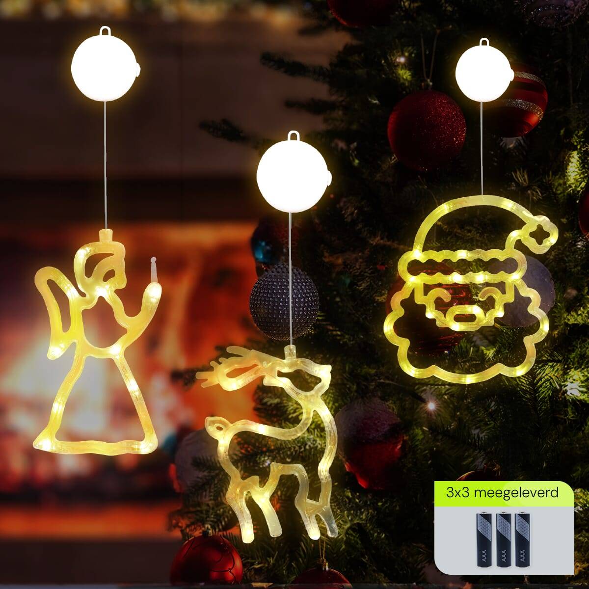Kerstverlichting Raam Rendier + Kerstengel + Kerstman - ø18cm - Inclusief Batterijen - Kerstversiering met Zuignap-1