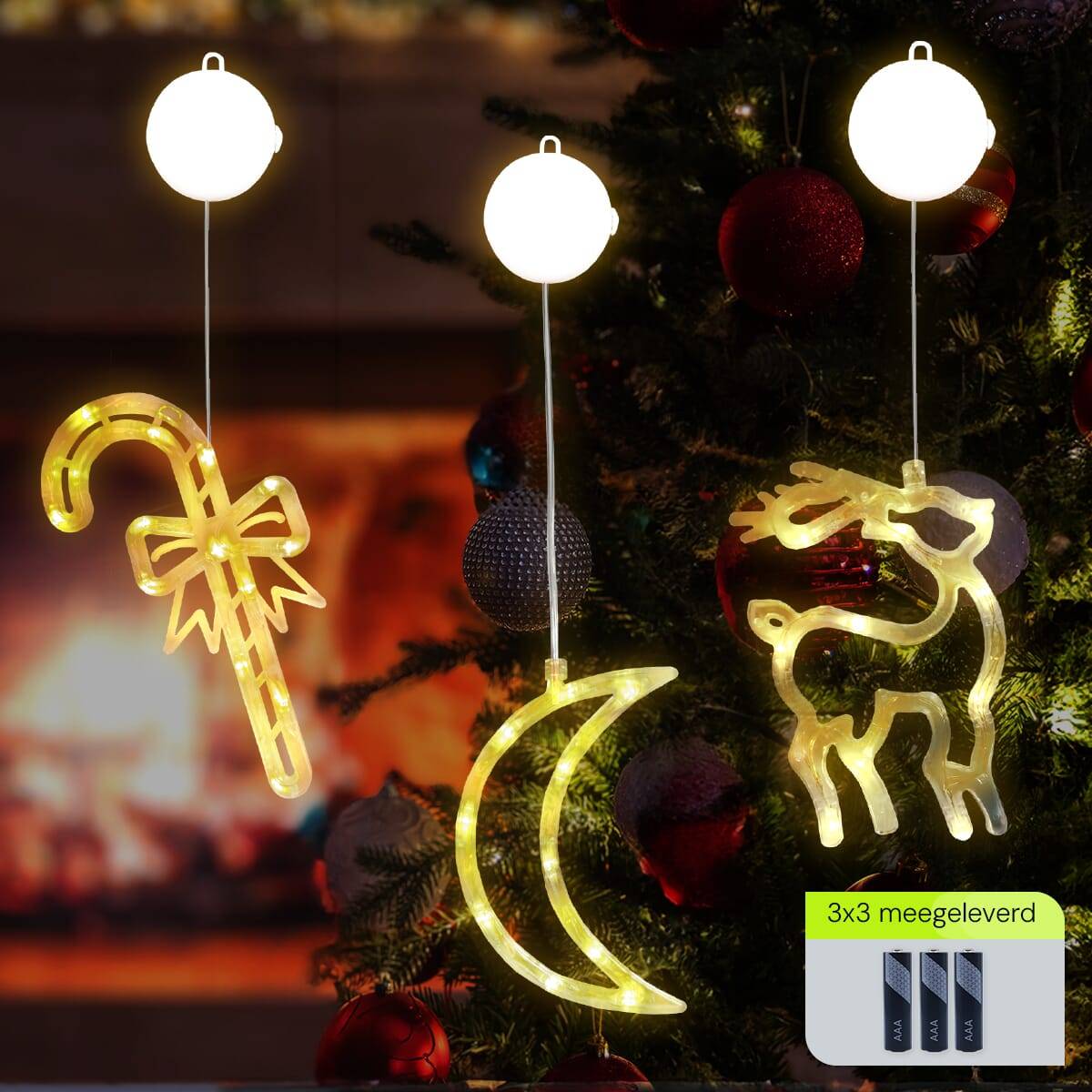 Kerstverlichting Raam Maan + Rendier + Zuurstok - ø18cm - Inclusief Batterijen - Kerstversiering met Zuignap-1