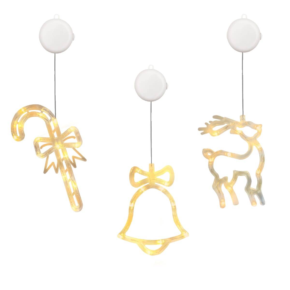 Kerstverlichting Raam Rendier + Zuurstok + Kerstbel - ø18cm - Inclusief Batterijen - Kerstversiering met Zuignap-0