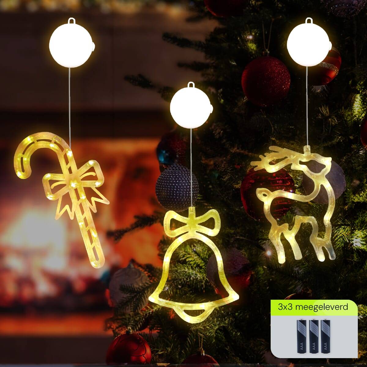 Kerstverlichting Raam Rendier + Zuurstok + Kerstbel - ø18cm - Inclusief Batterijen - Kerstversiering met Zuignap-1
