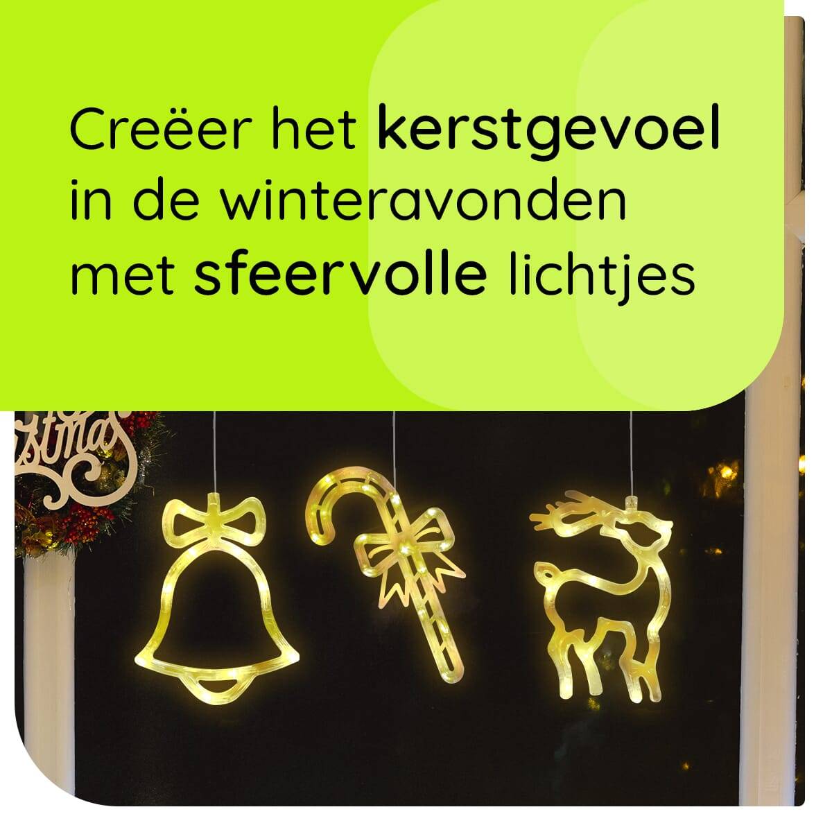 Kerstverlichting Raam Rendier + Zuurstok + Kerstbel - ø18cm - Inclusief Batterijen - Kerstversiering met Zuignap-2
