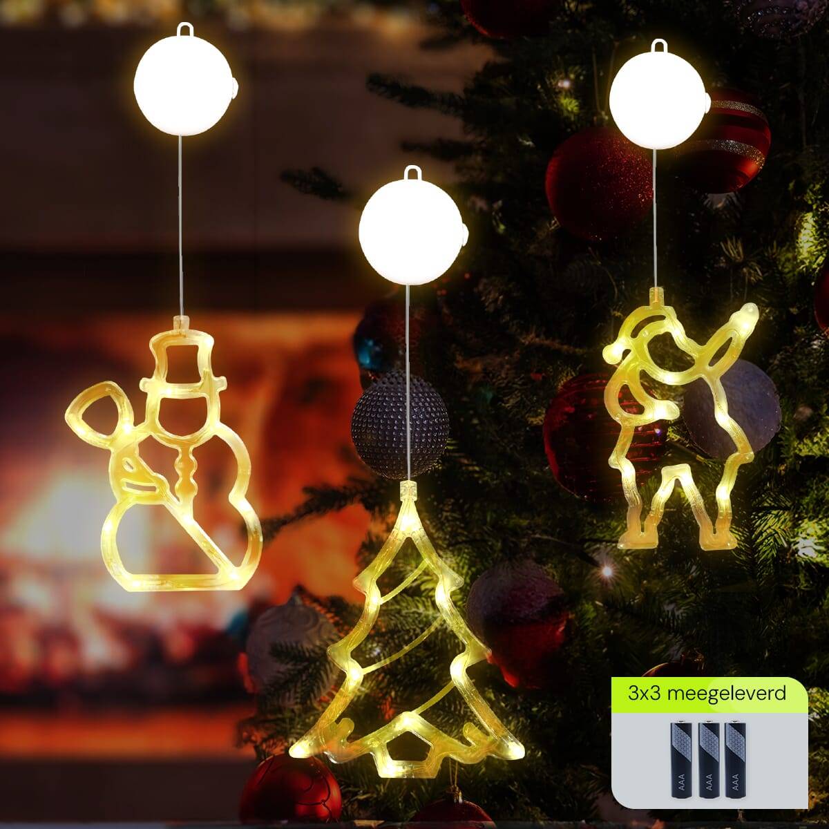Kerstverlichting Raam Kerstman + Kerstboom + Sneeuwpop met Bezem - ø18cm - Inclusief Batterijen - Kerstversiering met-1