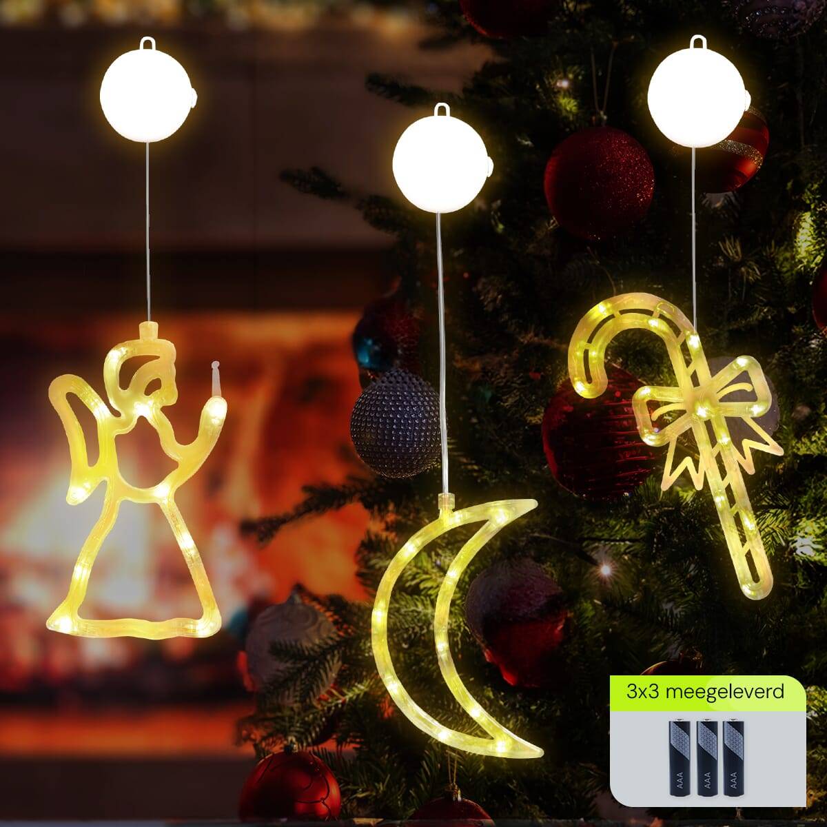 Kerstverlichting Raam Maan + Kerstbel + Kerstengel - ø18cm - Inclusief Batterijen - Kerstversiering met Zuignap-1