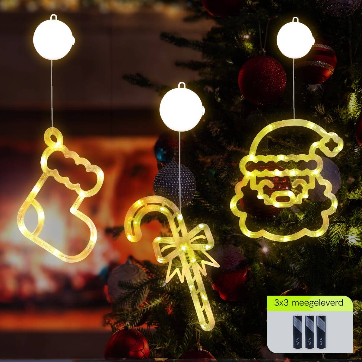 Kerstverlichting Raam Zuurstok + Kerstman + Kerstsok - ø18cm - Inclusief Batterijen - Kerstversiering met Zuignap-1