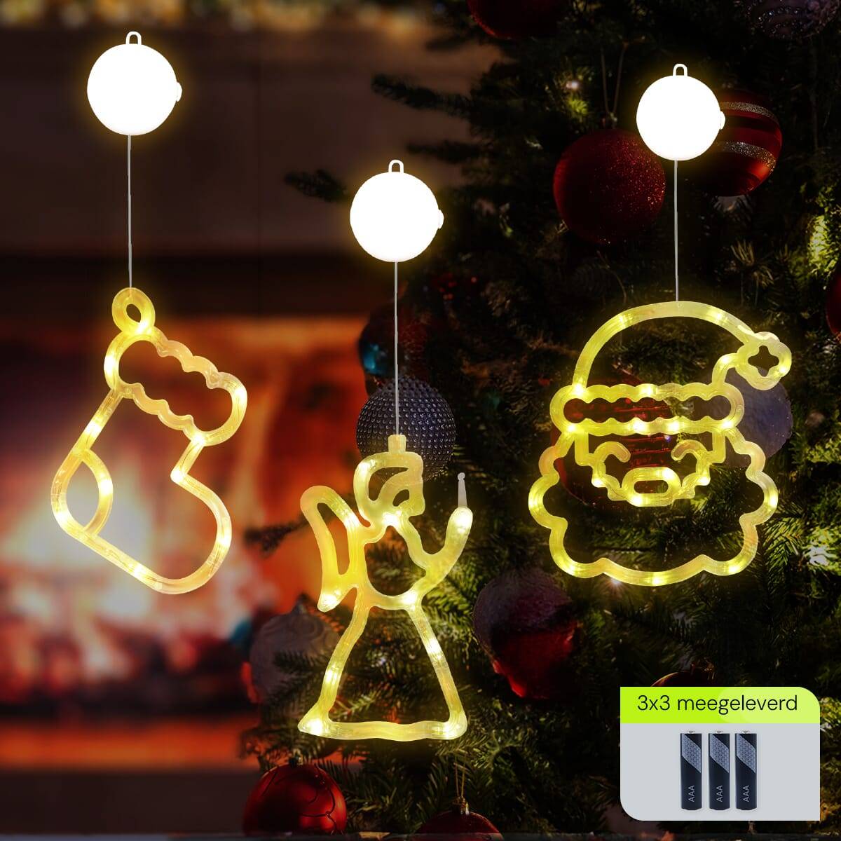 Kerstverlichting Raam Kerstengel + Kerstman Gezicht + Kerstsok - ø18cm - Inclusief Batterijen - Kerstversiering met-1