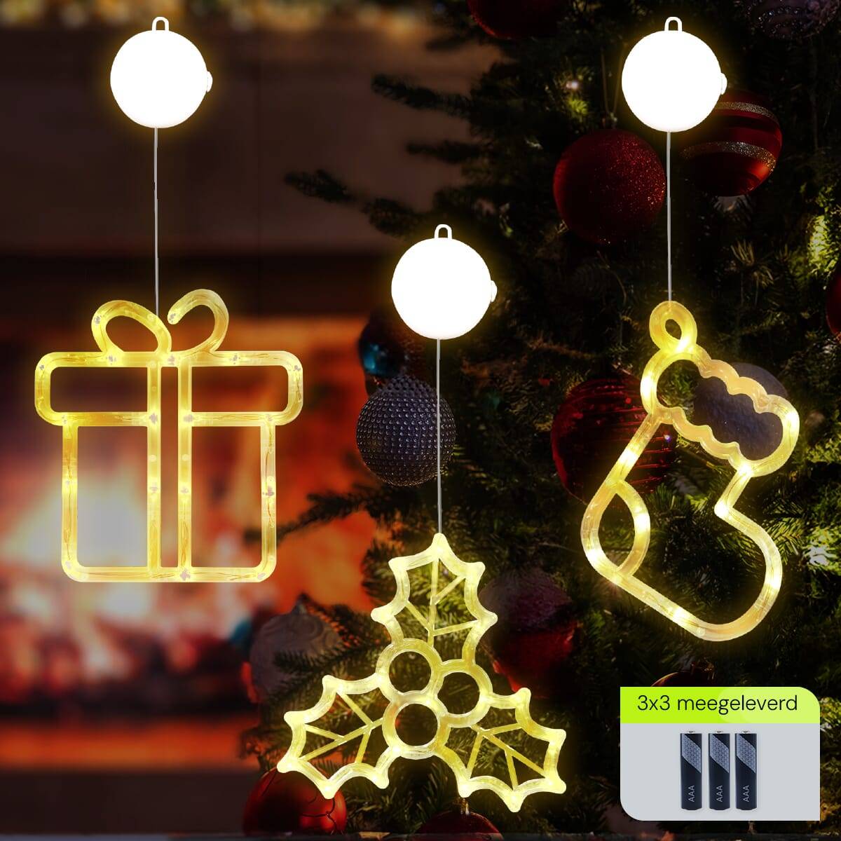 Kerstverlichting Raam Kerstsok + Kerstcadeau + Mistletoe - ø18cm - Inclusief Batterijen - Kerstversiering met Zuignap-1