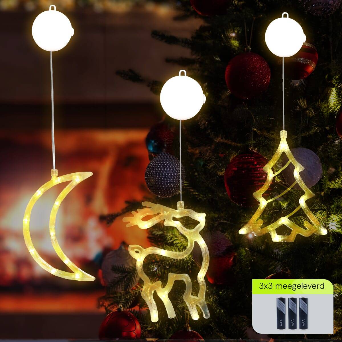 Kerstverlichting Raam Kerstboom + Maan + Rendier - ø18cm - Inclusief Batterijen - Kerstversiering met Zuignap-1