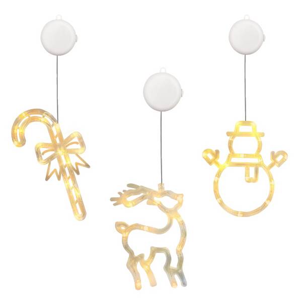 Kerstverlichting Raam Sneeuwpop met Twee Armen + Rendier + Zuurstok - ø18cm - Inclusief Batterijen - Kerstversiering met