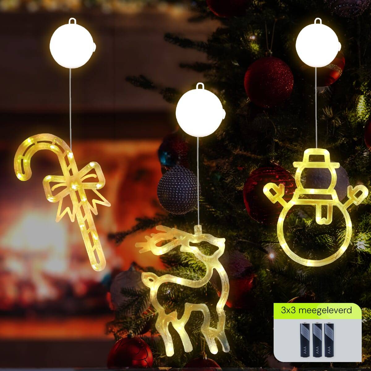 Kerstverlichting Raam Sneeuwpop met Twee Armen + Rendier + Zuurstok - ø18cm - Inclusief Batterijen - Kerstversiering met-1