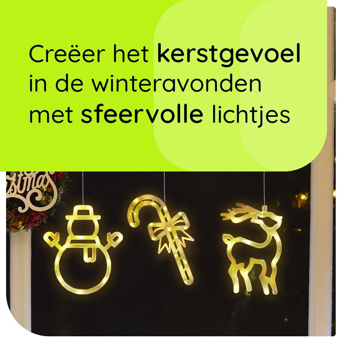 Kerstverlichting Raam Sneeuwpop met Twee Armen + Rendier + Zuurstok - ø18cm - Inclusief Batterijen - Kerstversiering met-2