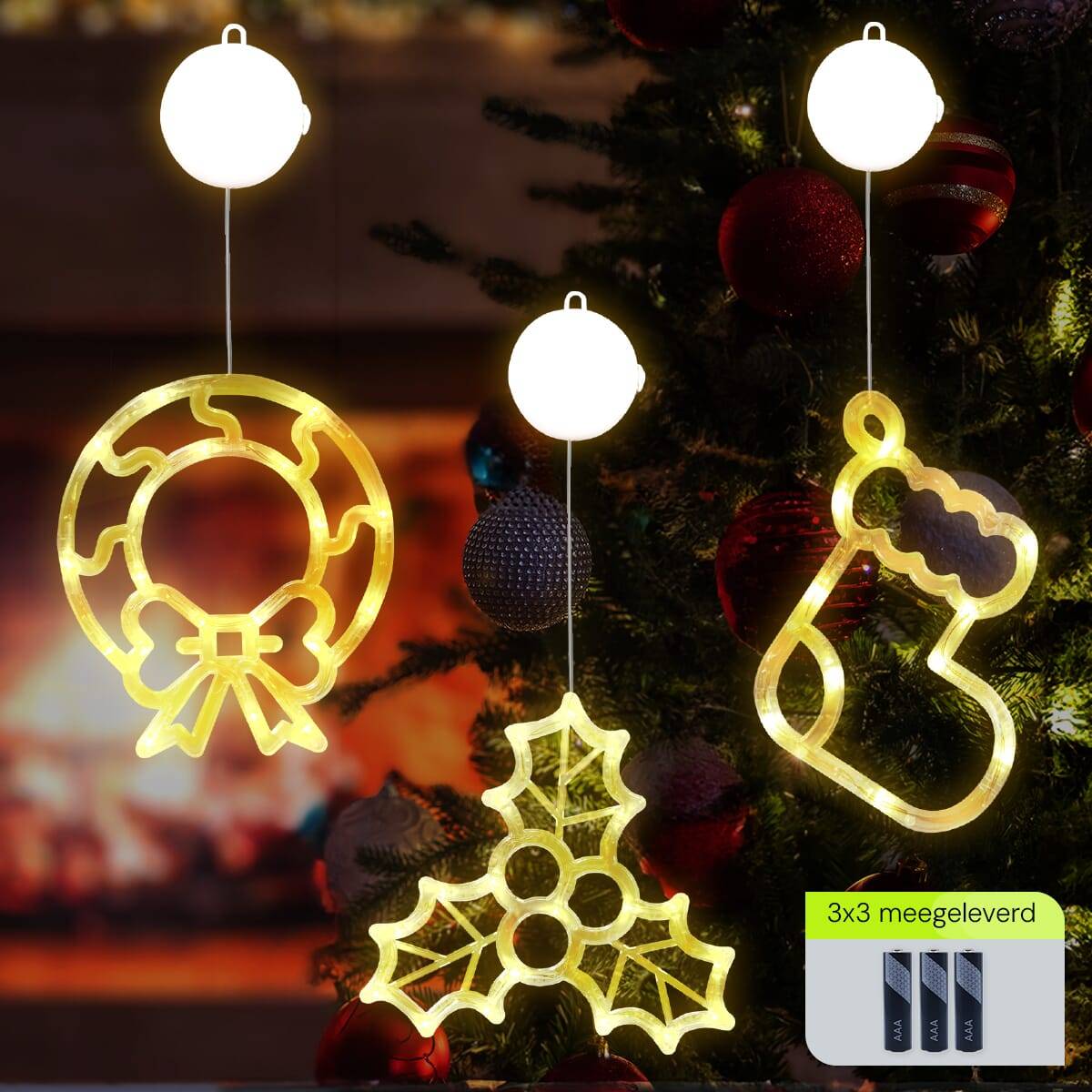 Kerstverlichting Raam Kerstsok + Mistletoe + Kerstkrans - ø18cm - Inclusief Batterijen - Kerstversiering met Zuignap-1