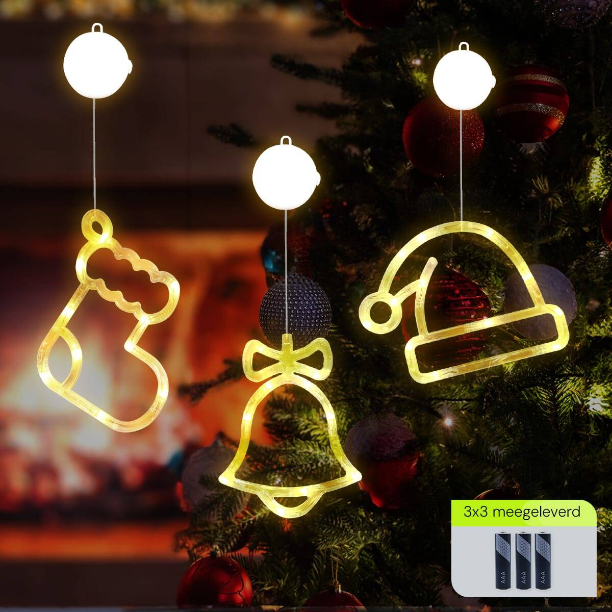 Kerstverlichting Raam Kerstbel + Kerstsok + Kerstmuts - ø18cm - Inclusief Batterijen - Kerstversiering met Zuignap-1