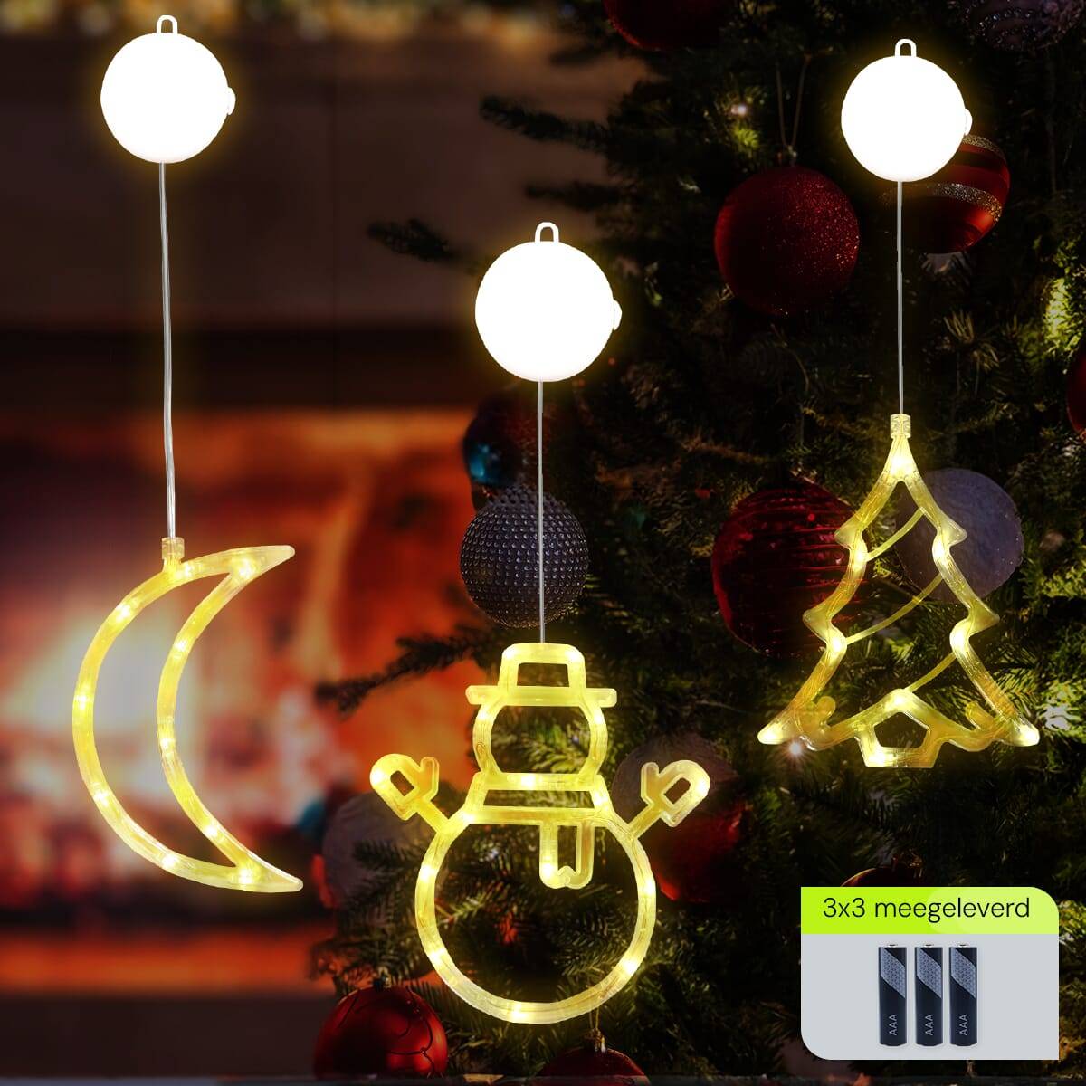 Kerstverlichting Raam Kerstboom + Sneeuwpop met Twee Armen + Maan - ø18cm - Inclusief Batterijen - Kerstversiering met-1