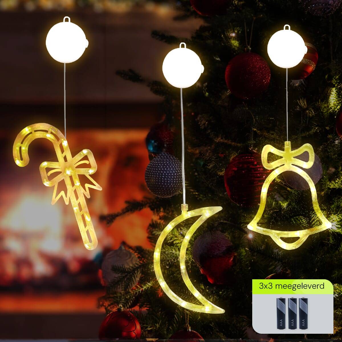 Kerstverlichting Raam Maan + Zuurstok + Kerstbel - ø18cm - Inclusief Batterijen - Kerstversiering met Zuignap-1