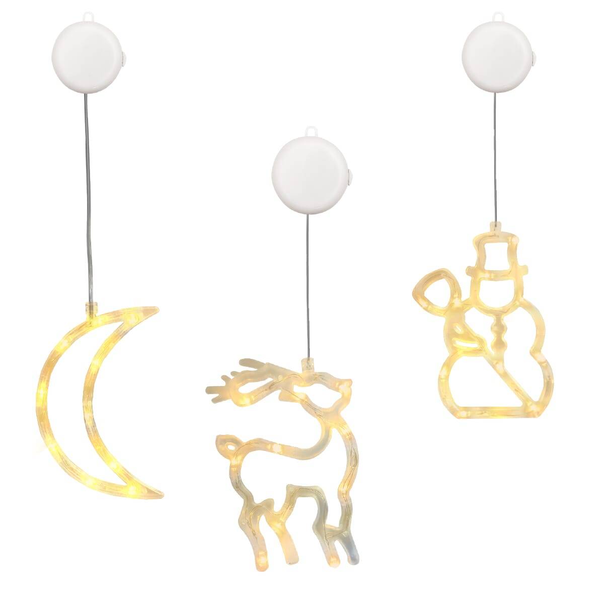 Kerstverlichting Raam Sneeuwpop met Bezem + Maan + Rendier - ø18cm - Inclusief Batterijen - Kerstversiering met Zuignap-0