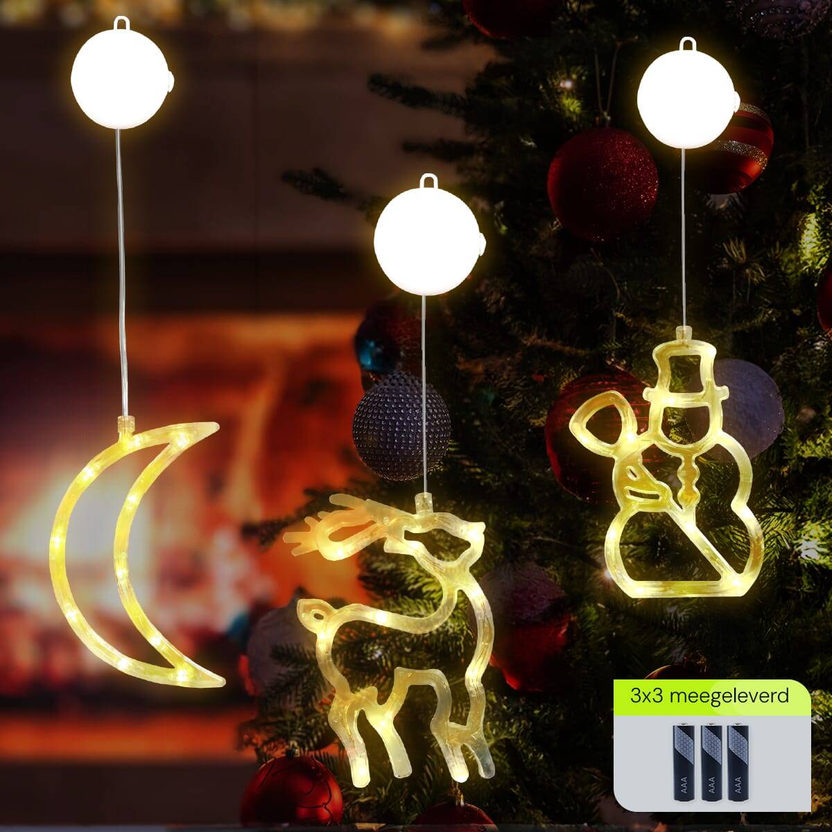 Kerstverlichting Raam Sneeuwpop met Bezem + Maan + Rendier - ø18cm - Inclusief Batterijen - Kerstversiering met Zuignap-1