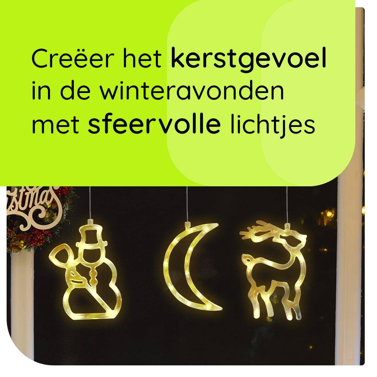 Kerstverlichting Raam Sneeuwpop met Bezem + Maan + Rendier - ø18cm - Inclusief Batterijen - Kerstversiering met Zuignap-2