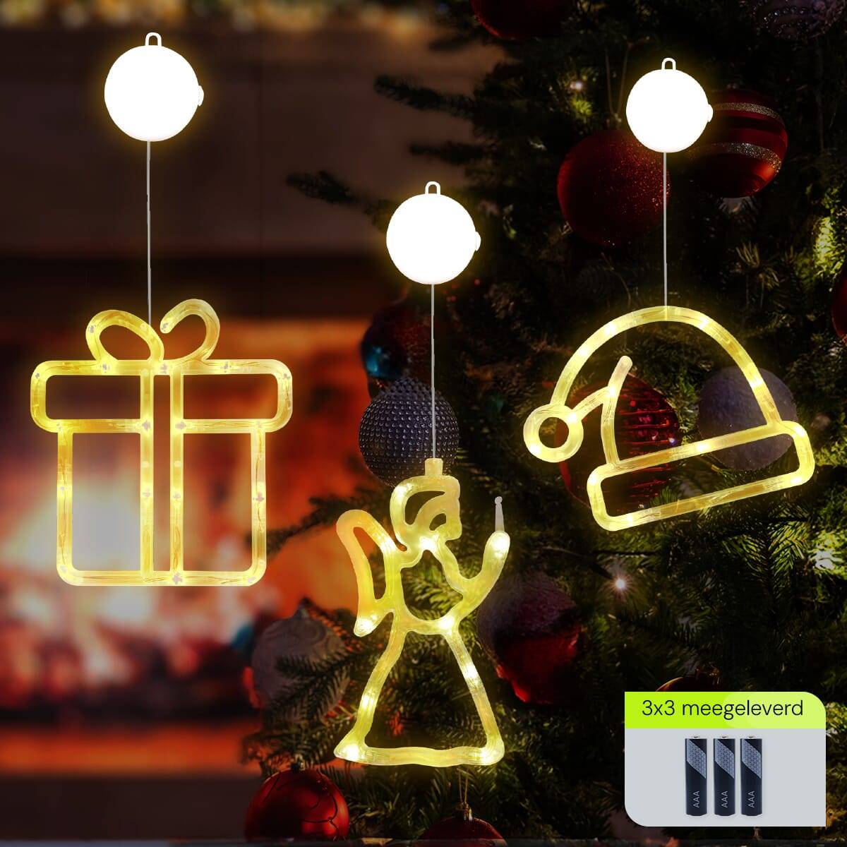 Kerstverlichting Raam Kerstengel + Kerstmuts + Kerstcadeau - ø18cm - Inclusief Batterijen - Kerstversiering met Zuignap-1