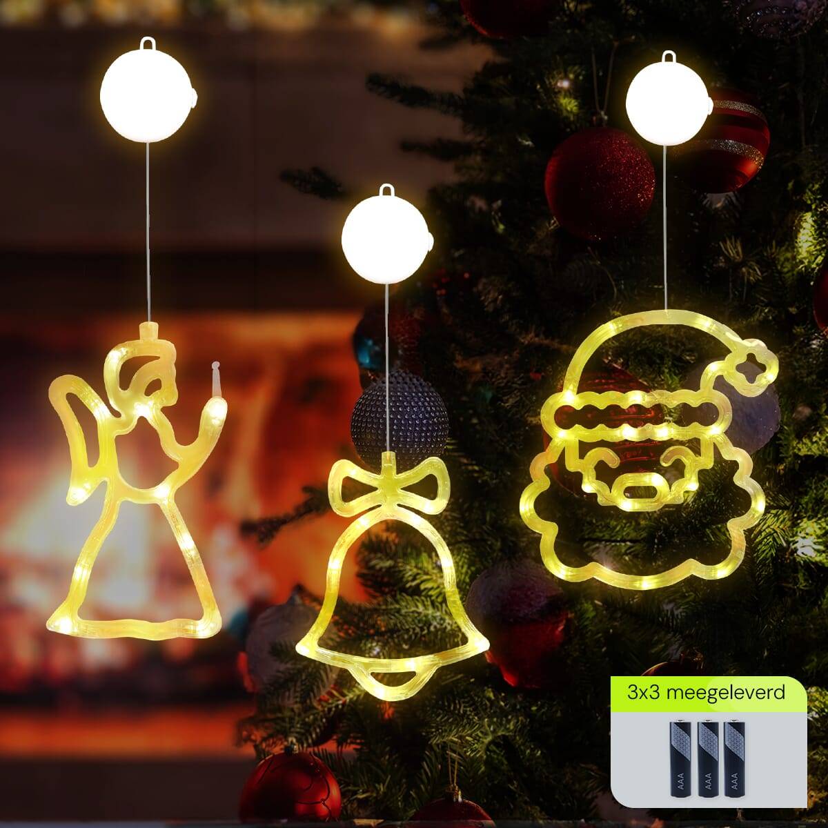 Kerstverlichting Raam Kerstbel + Kerstengel + Kerstman Gezicht - ø18cm - Inclusief Batterijen - Kerstversiering met-1
