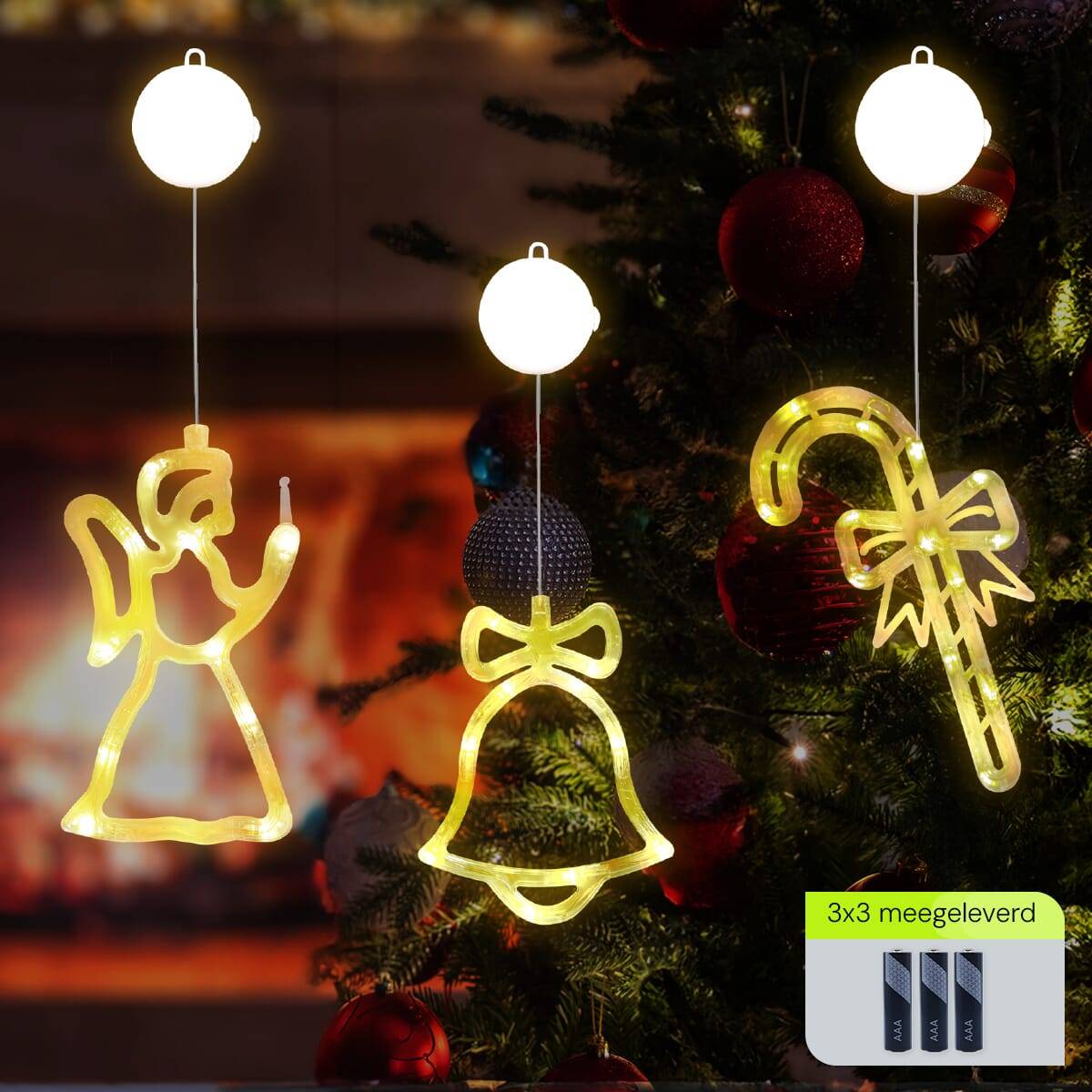 Kerstverlichting Raam Zuurstok + Kerstbel + Kerstengel - ø18cm - Inclusief Batterijen - Kerstversiering met Zuignap-1