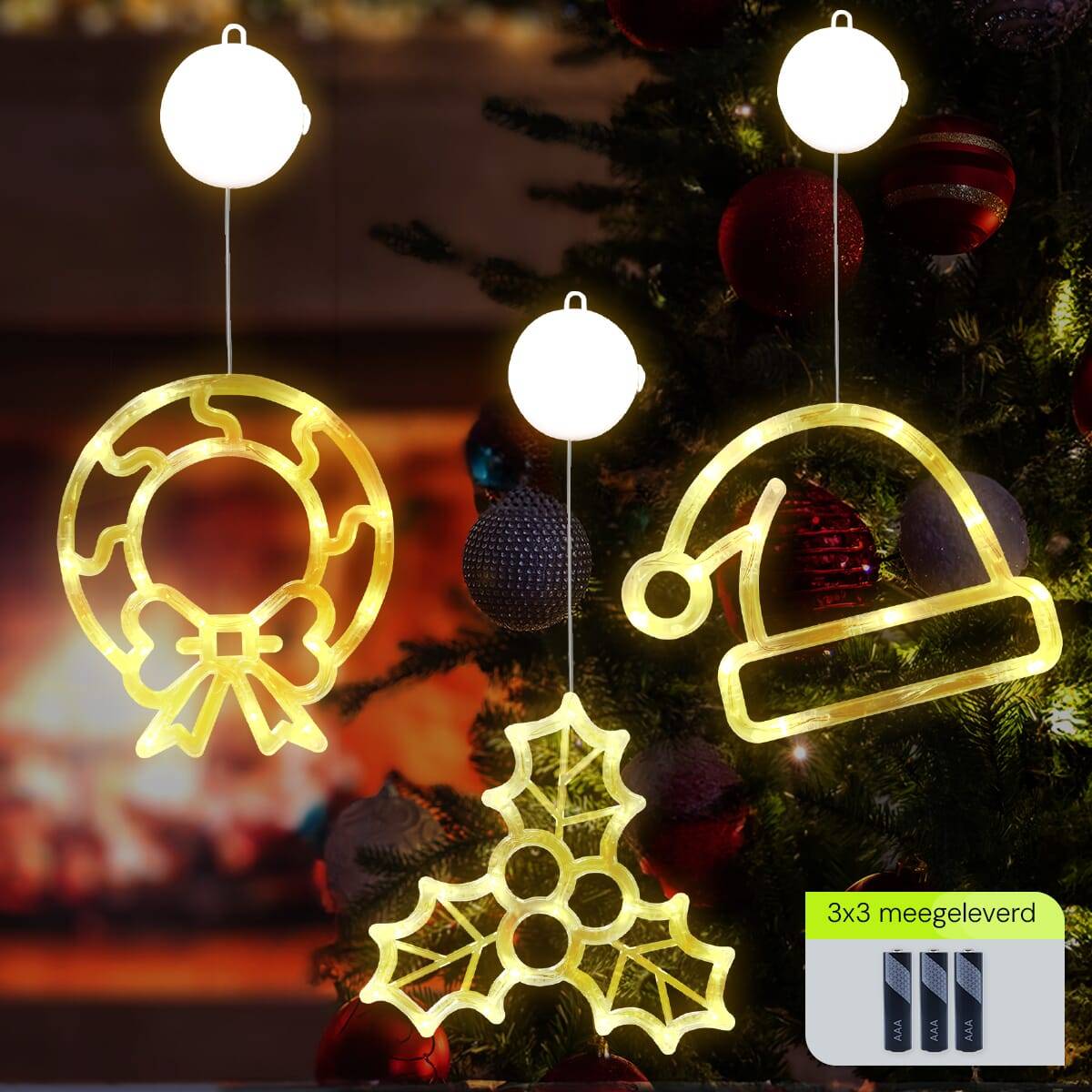 Kerstverlichting Raam Kerstmuts + Mistletoe + Kerstkrans - ø18cm - Inclusief Batterijen - Kerstversiering met Zuignap-1