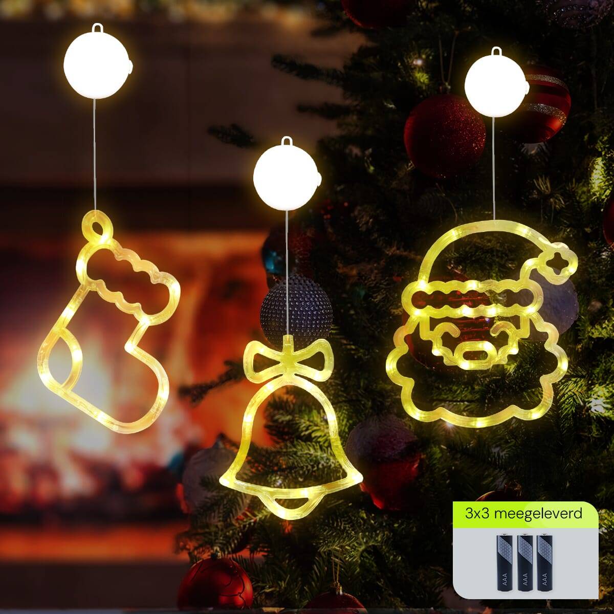 Kerstverlichting Raam Kerstbel + Kerstman + Kerstsok - ø18cm - Inclusief Batterijen - Kerstversiering met Zuignap-1