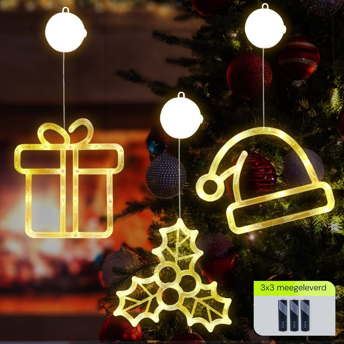 Kerstverlichting Raam Kerstmuts + Kerstcadeau + Mistletoe - ø18cm - Inclusief Batterijen - Kerstversiering met Zuignap-1