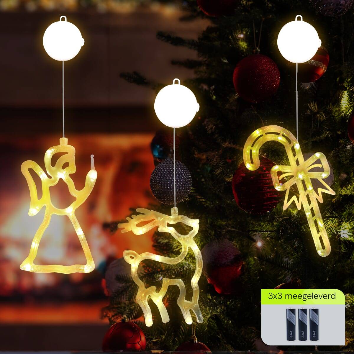 Kerstverlichting Raam Rendier + Kerstbel + Kerstengel - ø18cm - Inclusief Batterijen - Kerstversiering met Zuignap-1