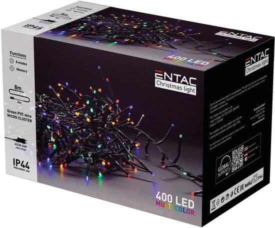 Entac Kerst Micro Cluster Lichtsnoer 8m - Kerstverlichting Buiten en Binnen - 400 LED Lampjes - Gekleurd Licht RGB