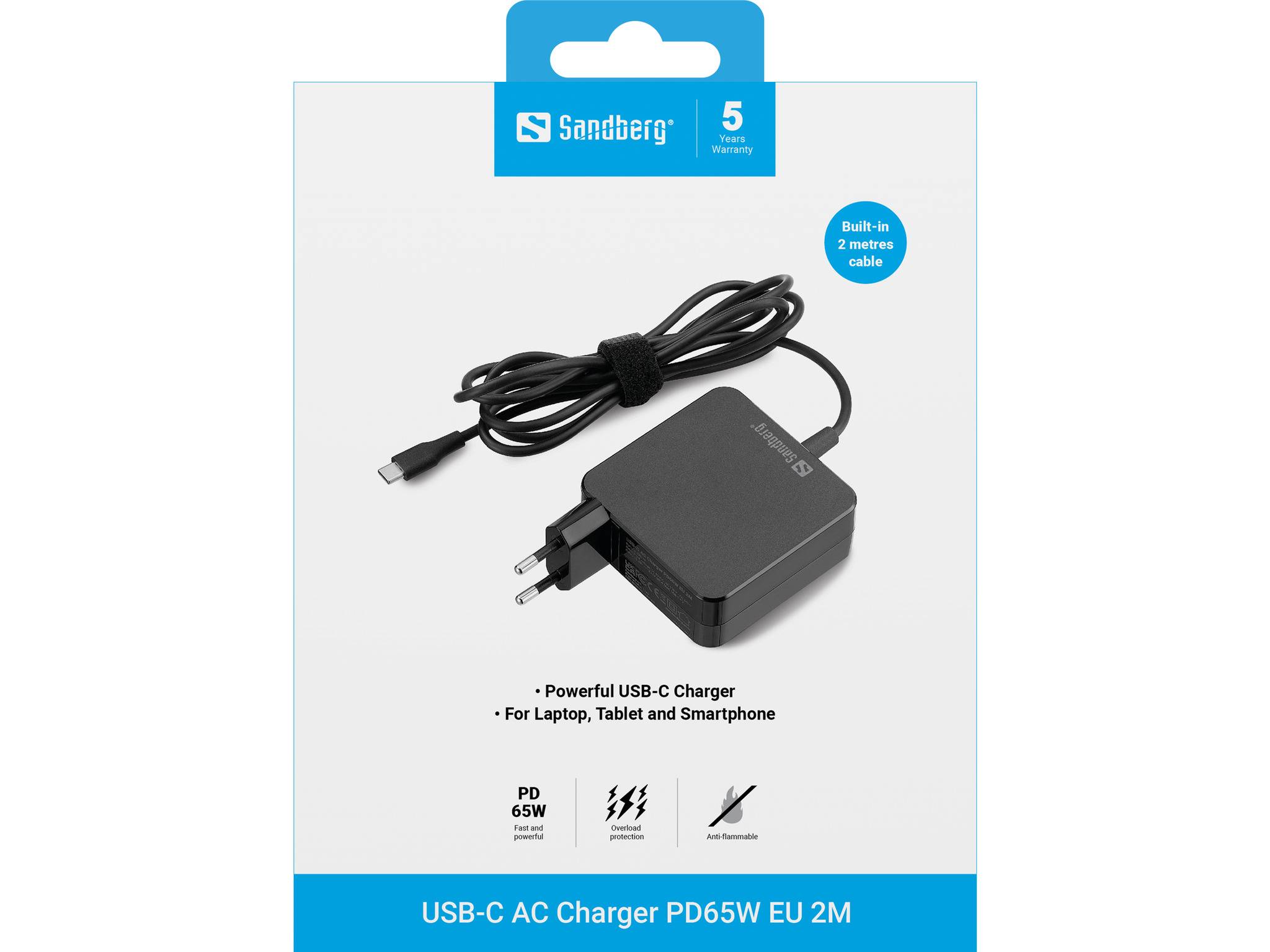 Sandberg USB-C AC Charger PD65W EU 2M slimme, compacte USB-C PD-lader, snel opladen van smartphones, tablets en laptops-1