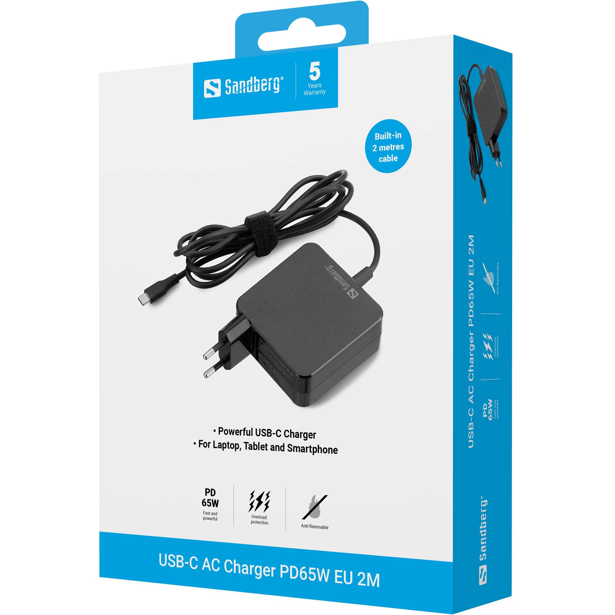 Sandberg USB-C AC Charger PD65W EU 2M slimme, compacte USB-C PD-lader, snel opladen van smartphones, tablets en laptops-2
