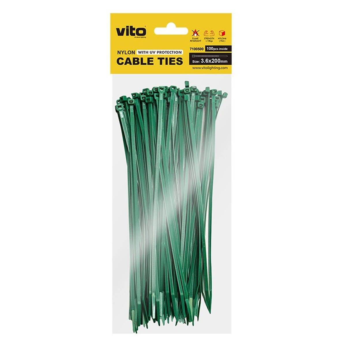 VITO Kabelbinder 3.6x200mm - Groen - Met UV-bescherming - 100 stuks - Kunststof Kabelklem voor buiten en binnen montage-0