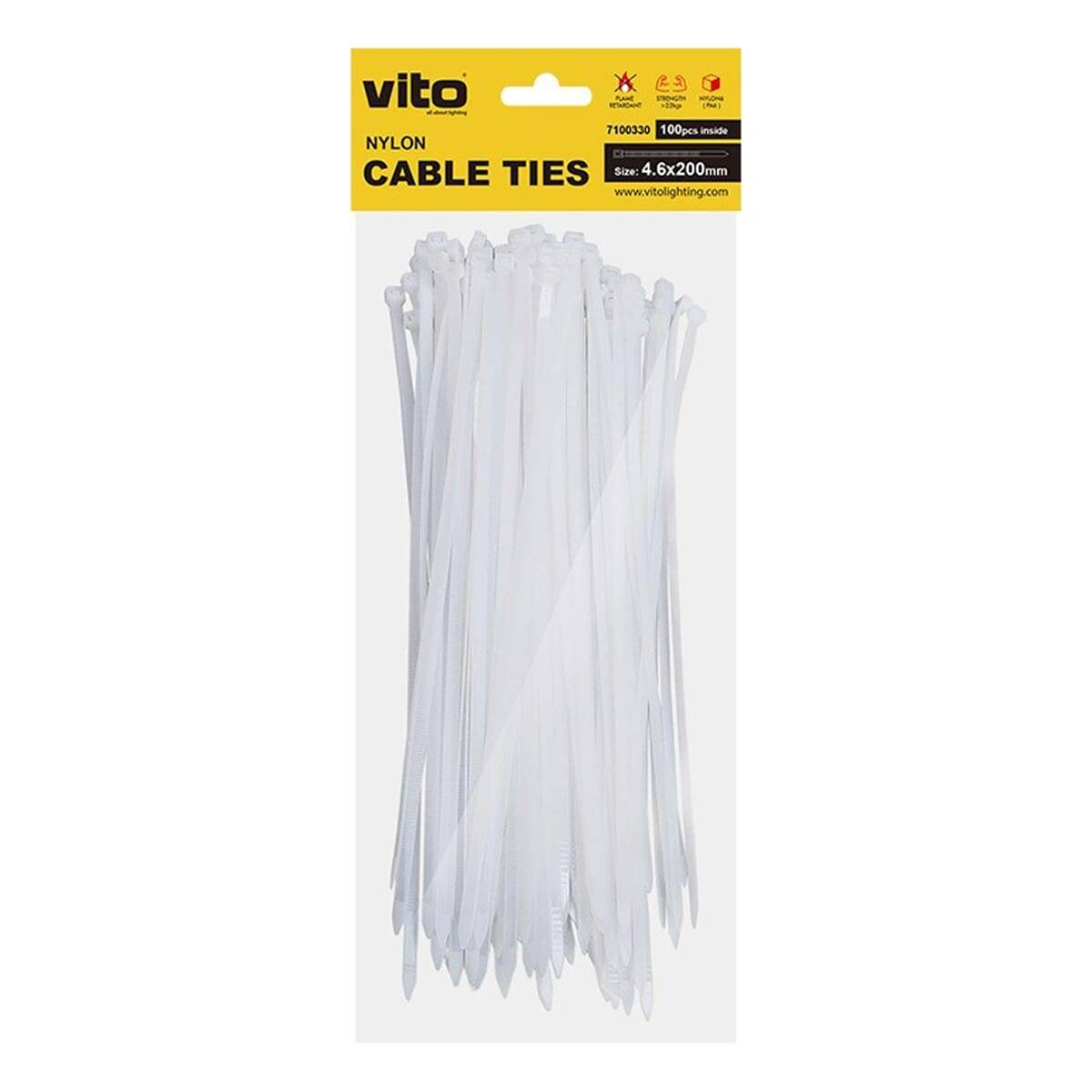 VITO Kabelbinder 4.6x200mm - Wit - 100 stuks - Kunststof Kabelklem met stevige sluiting voor bundelen van Kabels en-0