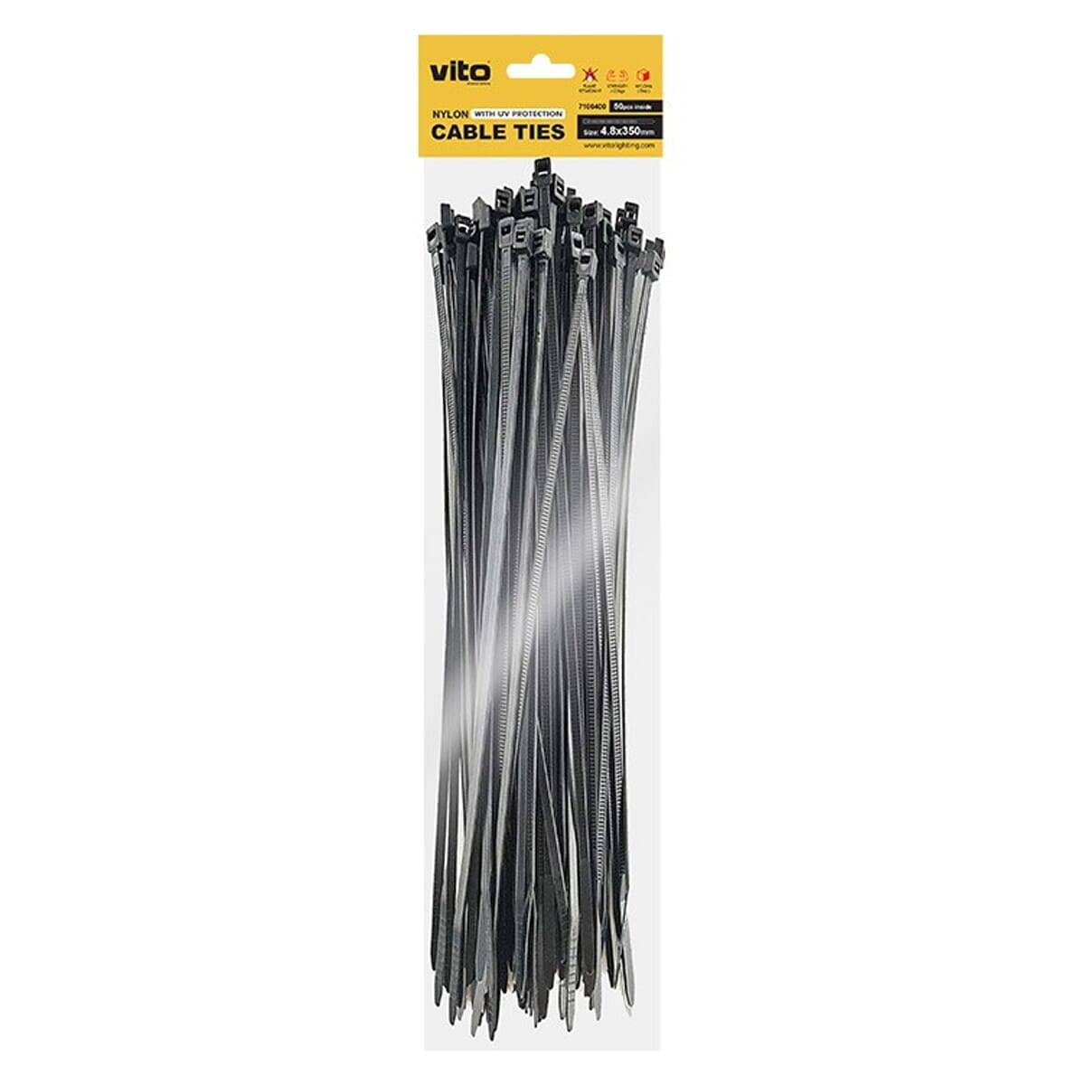 VITO Kabelbinder 4.8x350mm - Zwart - Met UV-beschermingsfolie - 50 stuks in blisterverpakking - Kunststof Kabelklem --0