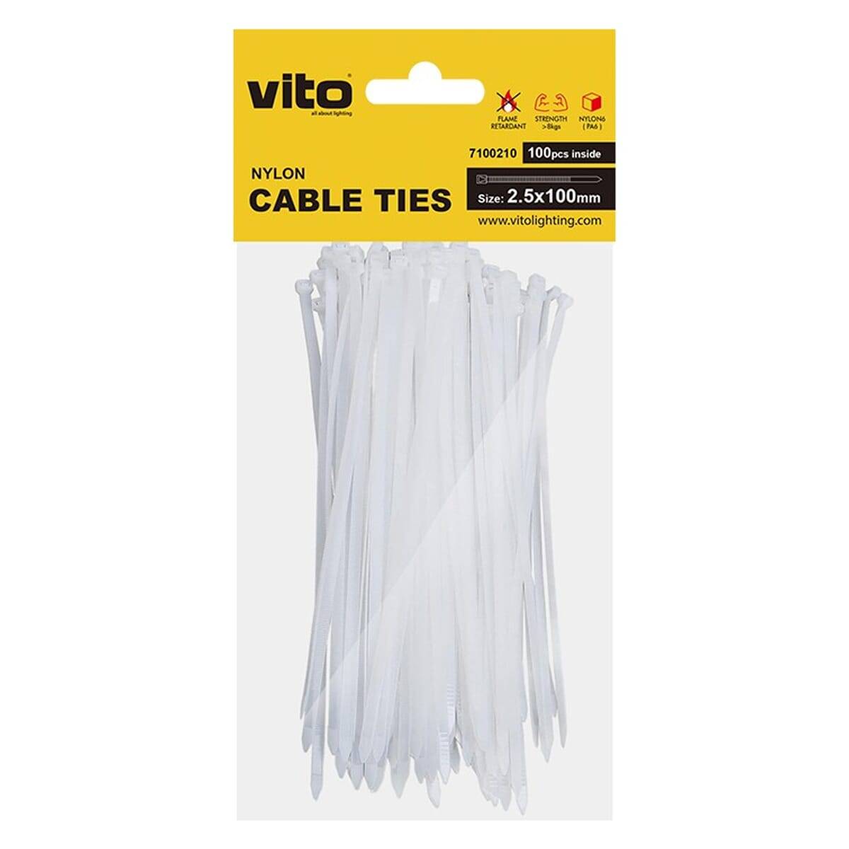 VITO Kabelbinders 2.5x100mm - Wit - Kunststof Kabelklemmen - 100 stuks in blister verpakking - voor Kabelbeheer en-0