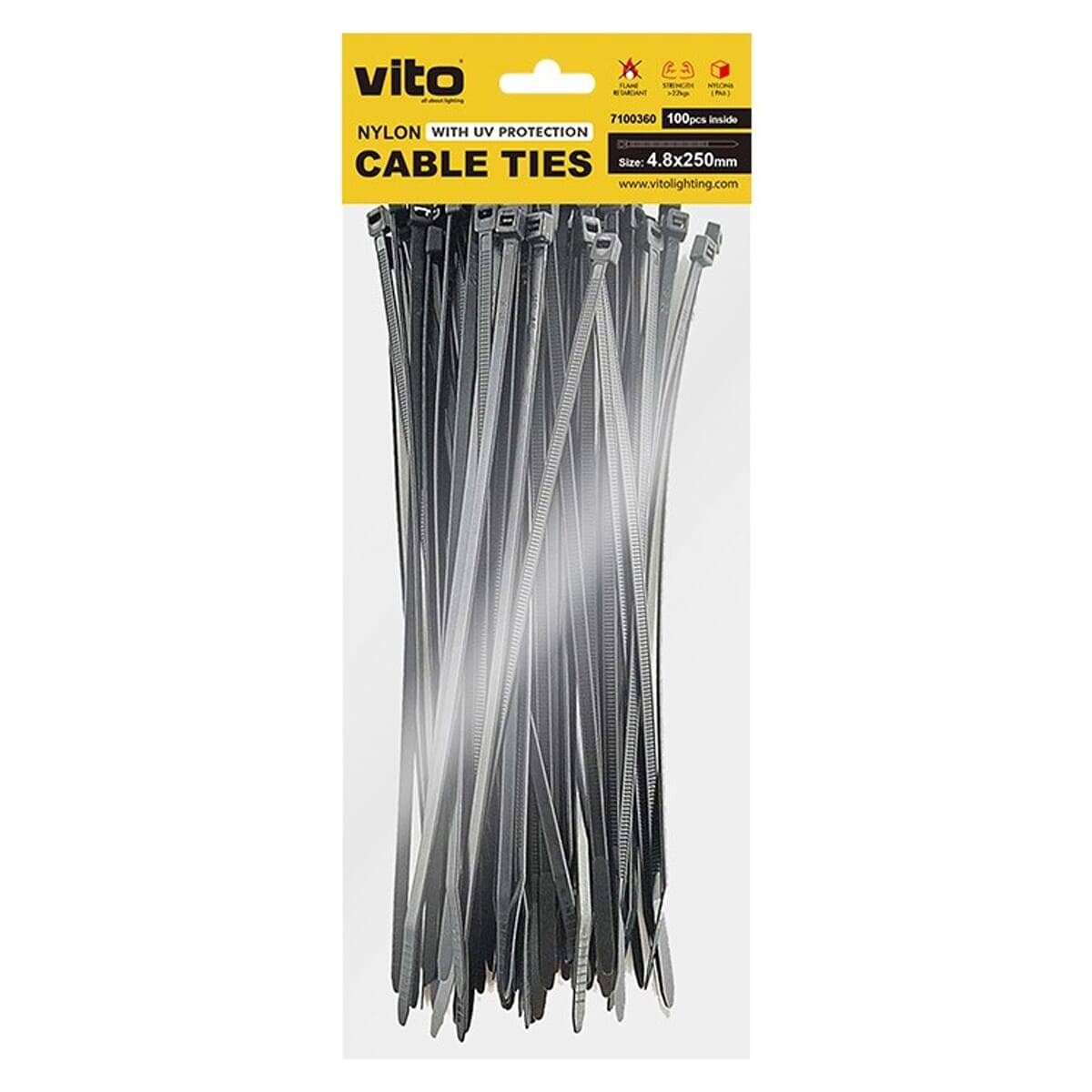 VITO Kabelbinder 4.8x250mm - Zwart - Met UV-bescherming -sfolie - 100 stuks in blisterverpakking Kunststof Kabelklem --0