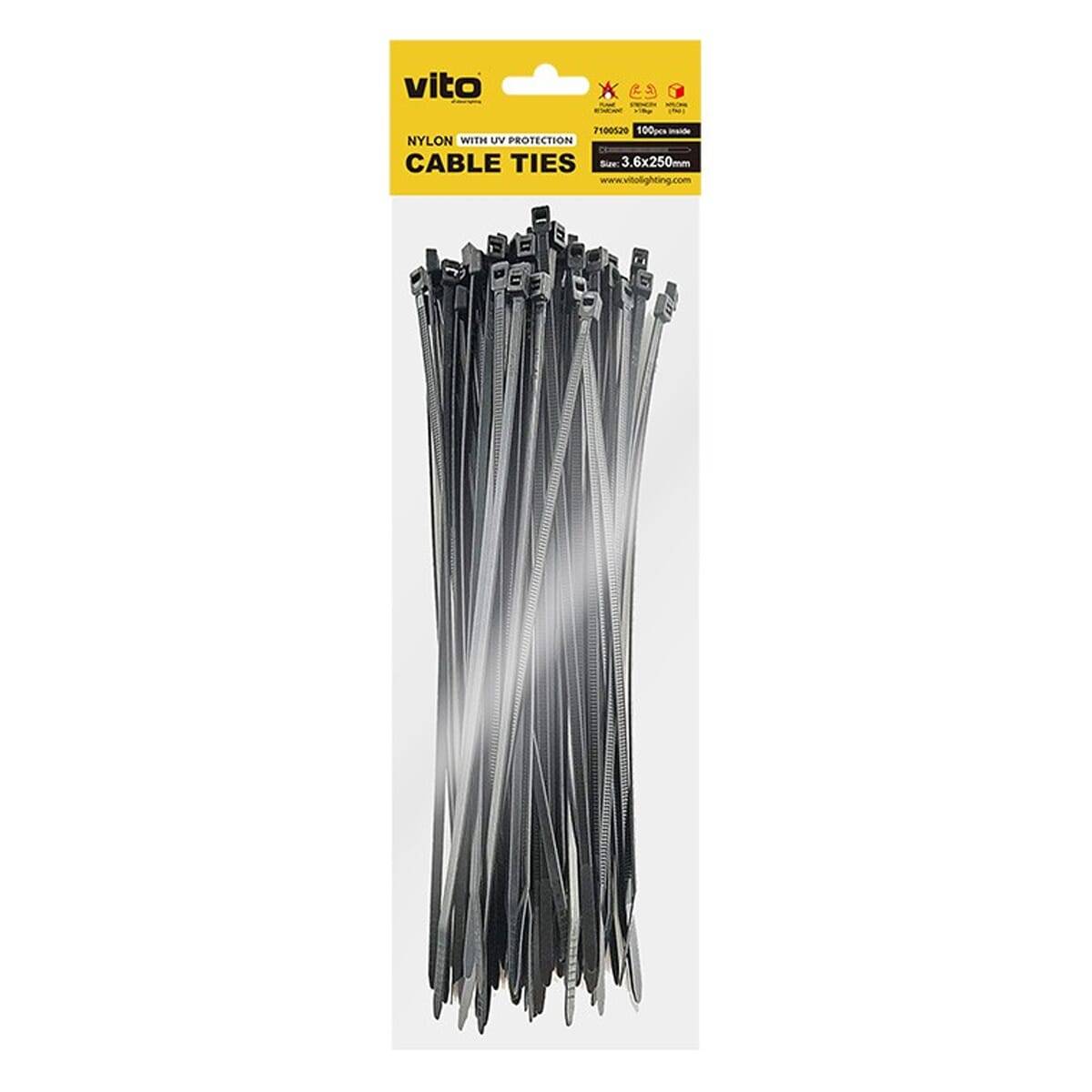 VITO Kabelbinder 3.6x250mm - Zwart - Met UV-bescherming - 100 stuks - duurzame Kabelklem - Voor buitengebruik en-0
