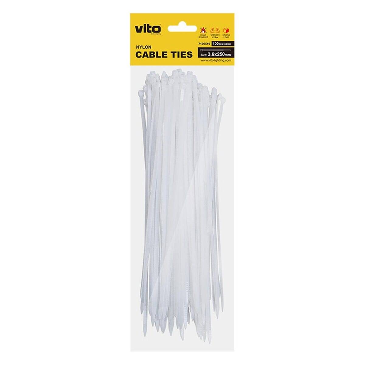 VITO Kabelbinder 3.6x250mm - Wit - 100 stuks - Kunststof Kabelklem voor bundelen en bevestigen van Kabels en draden-0