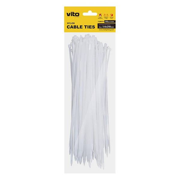 VITO Kabelbinder 3.6x250mm - Wit - 100 stuks - Kunststof Kabelklem voor bundelen en bevestigen van Kabels en draden
