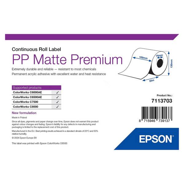 Epson PP Matte Premium, Continu, etikettenrol, synthetisch, 55 m, B 105mm