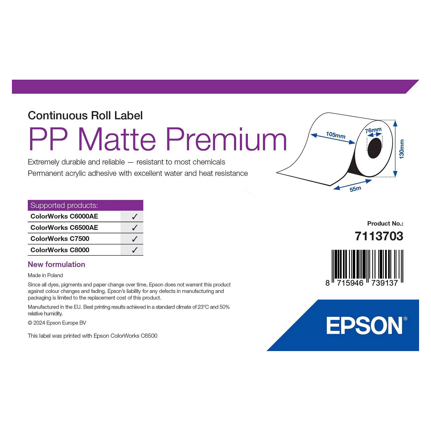 Epson PP Matte Premium, Continu, etikettenrol, synthetisch, 55 m, B 105mm-0