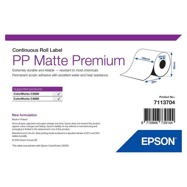 Epson PP Matte Premium, Continu, etikettenrol, synthetisch, 29 m, B 105 mm