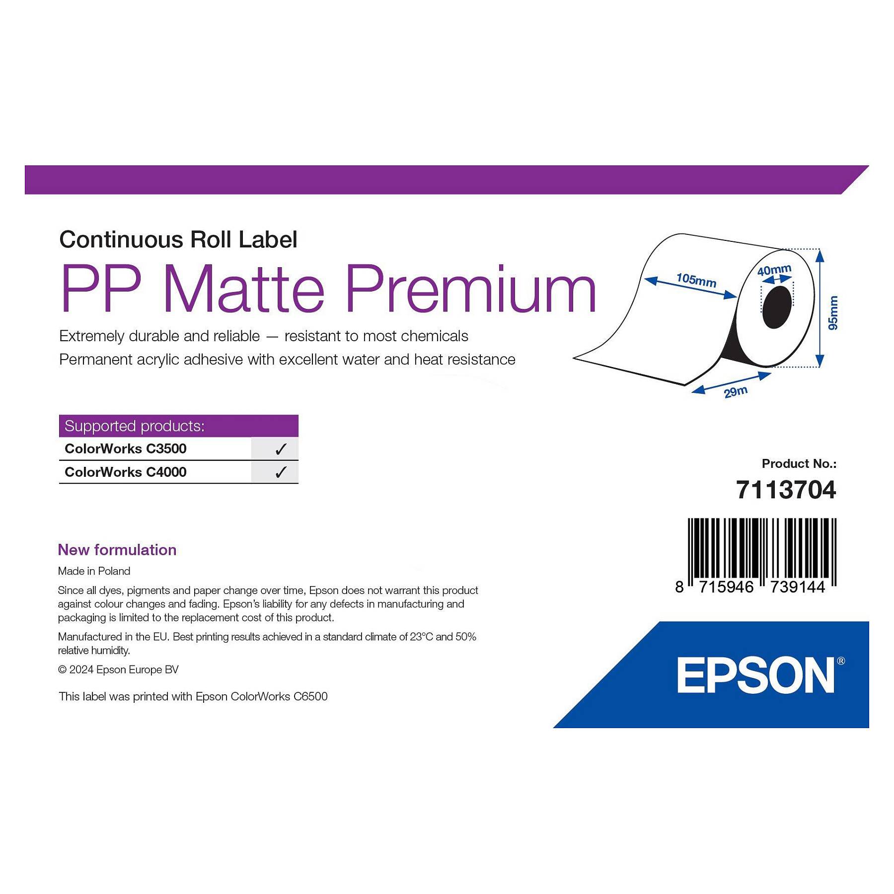 Epson PP Matte Premium, Continu, etikettenrol, synthetisch, 29 m, B 105 mm-0