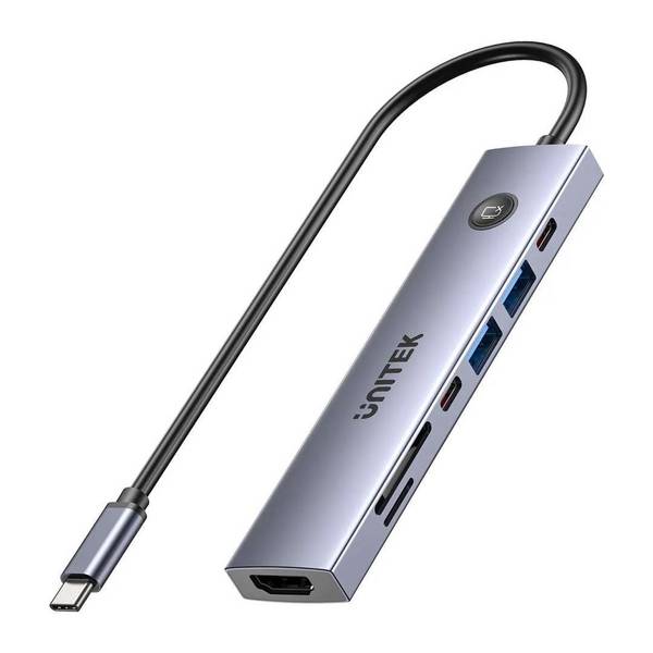 UTK UNITEK HUB USB-C 7-in-1 PD 100 W HDMI 2.0 MET AAN/UIT-KNOP