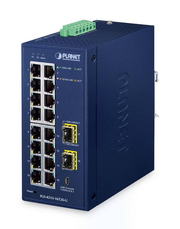 Planet IP30 Industriële L2/L4 16-poorts 10/100/1000T + 2-poorts 100/1000X SFP Managed Switch
